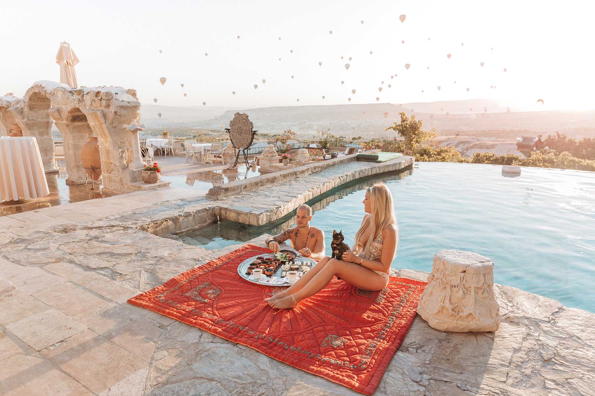 Cappadocia breakfast view with balloons